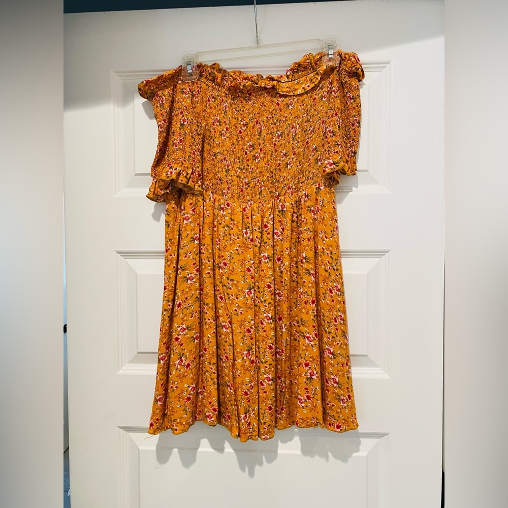 Altar’d State Yellow Floral Smocked Dress Off-Shoulder Short